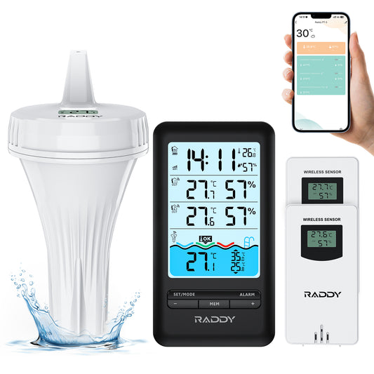 Raddy PT-3 Wi-Fi Pool Thermometer | LCD Display | IPX7 Waterproof | APP Remote Monitor | Rechargeable | Additional Remote Sensors - Radioddity