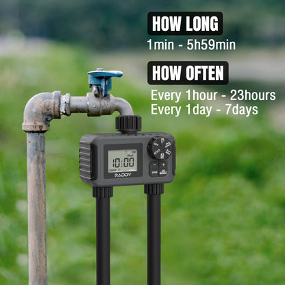 Raddy WS-5 Water Timer | 2 Outlet | IP55 Waterproof | Large Screen | Low BatteryAlert | Rain Delay | Manual Mode