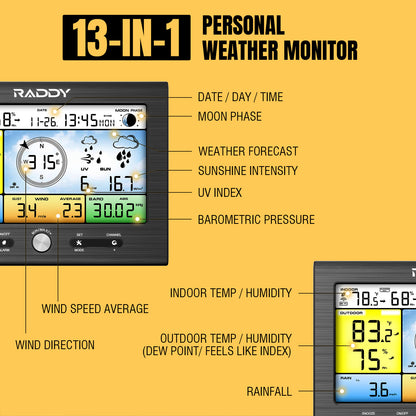 Raddy WF-100SE Weather Station | 13-in-1 Display | Wi-Fi Indoor Outdoor | Upgraded Design Version - Radioddity