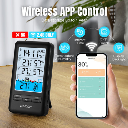 Raddy PT-3 Wi-Fi Pool Thermometer | LCD Display | IPX7 Waterproof | APP Remote Monitor | Rechargeable | Additional Remote Sensors - Radioddity