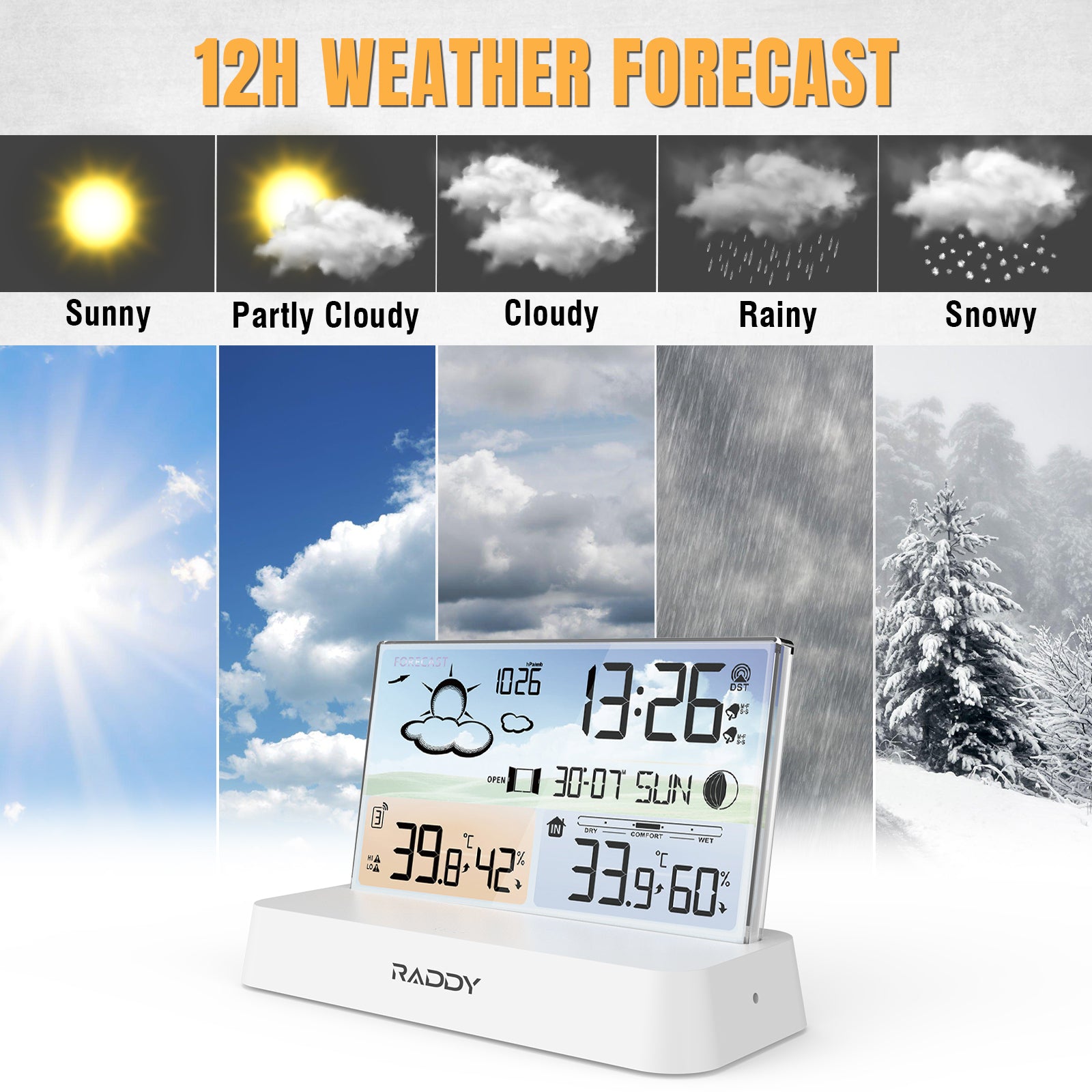 Raddy DT6 Weather Station | Temperature Humidity | Dual Alarm Clock | Adjustable Backlight - Radioddity