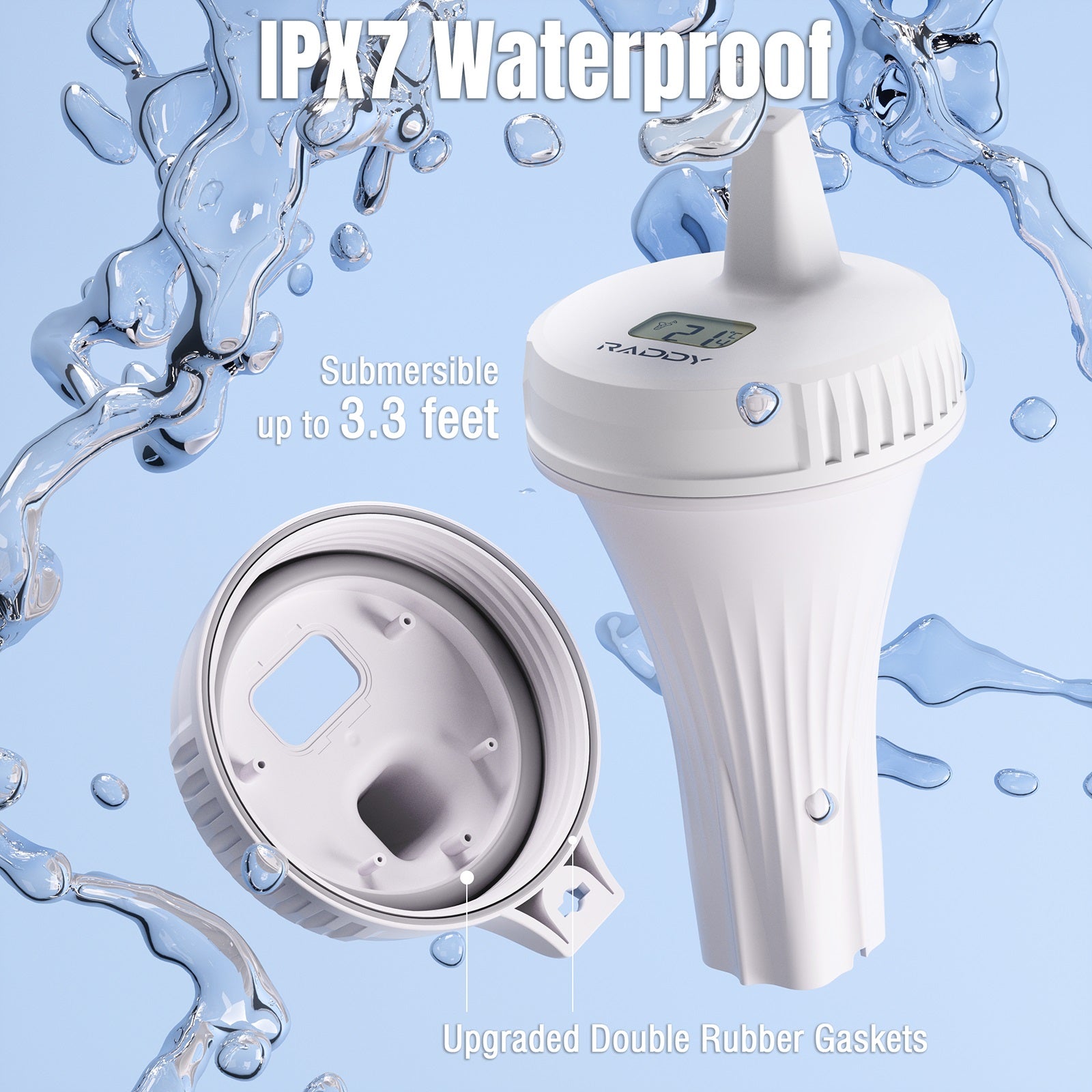 Raddy PT-2 Wireless Pool Thermometer | IPX7 | Alarm Clock | Water Comfort Level | for Pool Hot Tub Bathtub - Radioddity