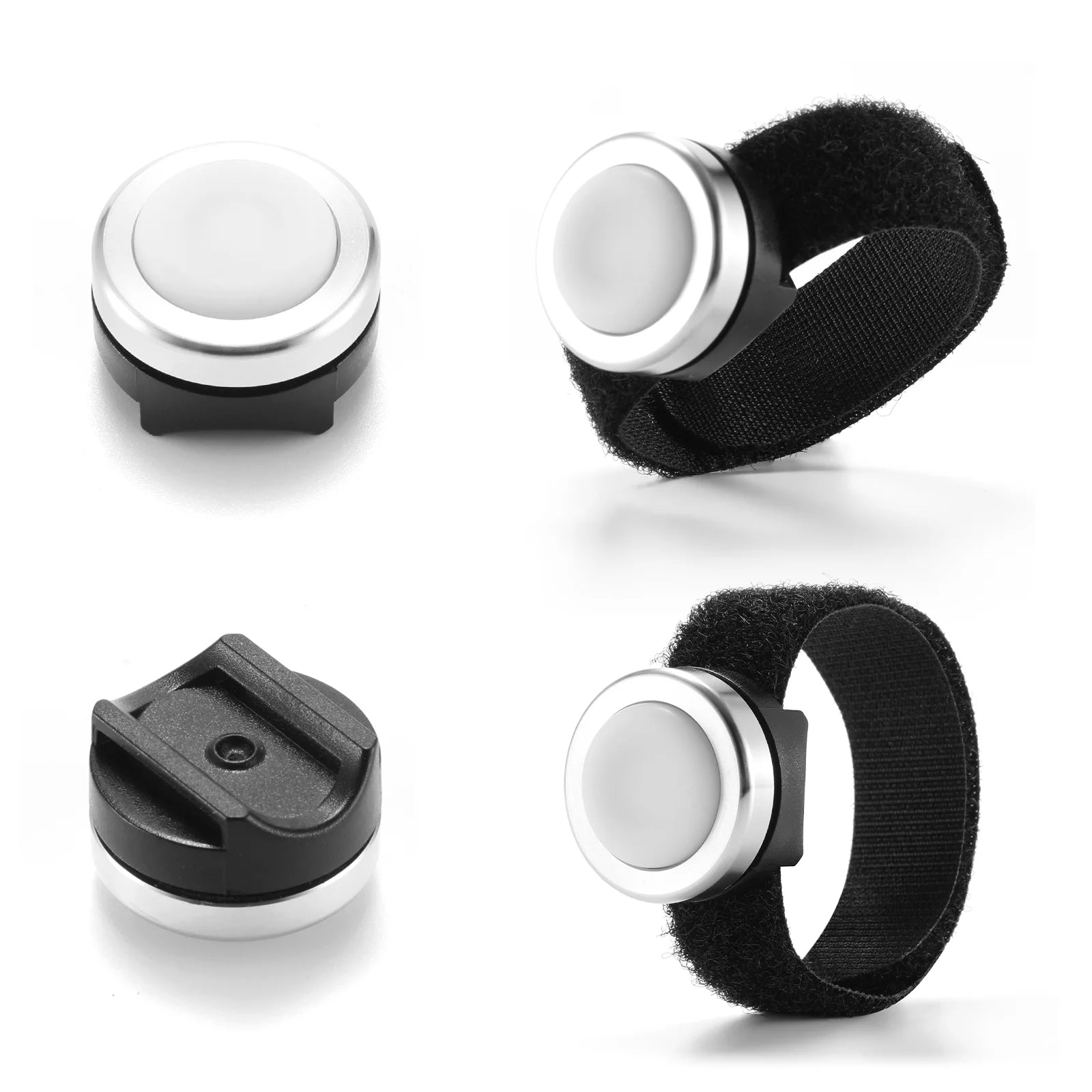 Two black wristbands with Radioddity K2 Bluetooth PTT Button on a white background