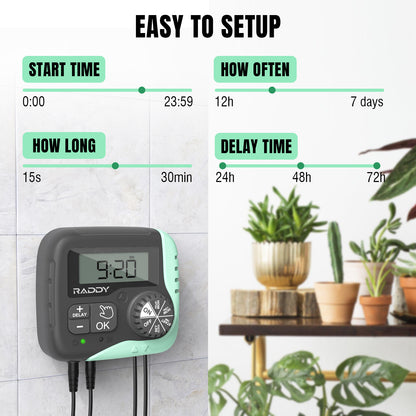 Raddy WS-1 Solar Drip Irrigation Kit | Automatic Plant Watering | Dual Power Supply | Programmable Timer - Radioddity