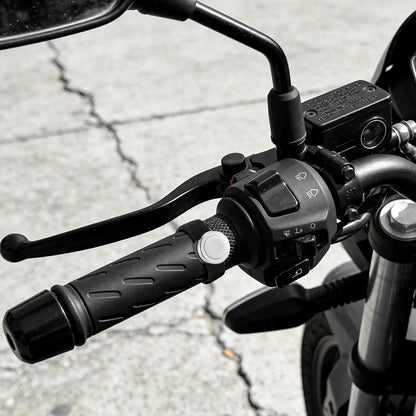Close-up of motorcycle handlebar controls on a road background