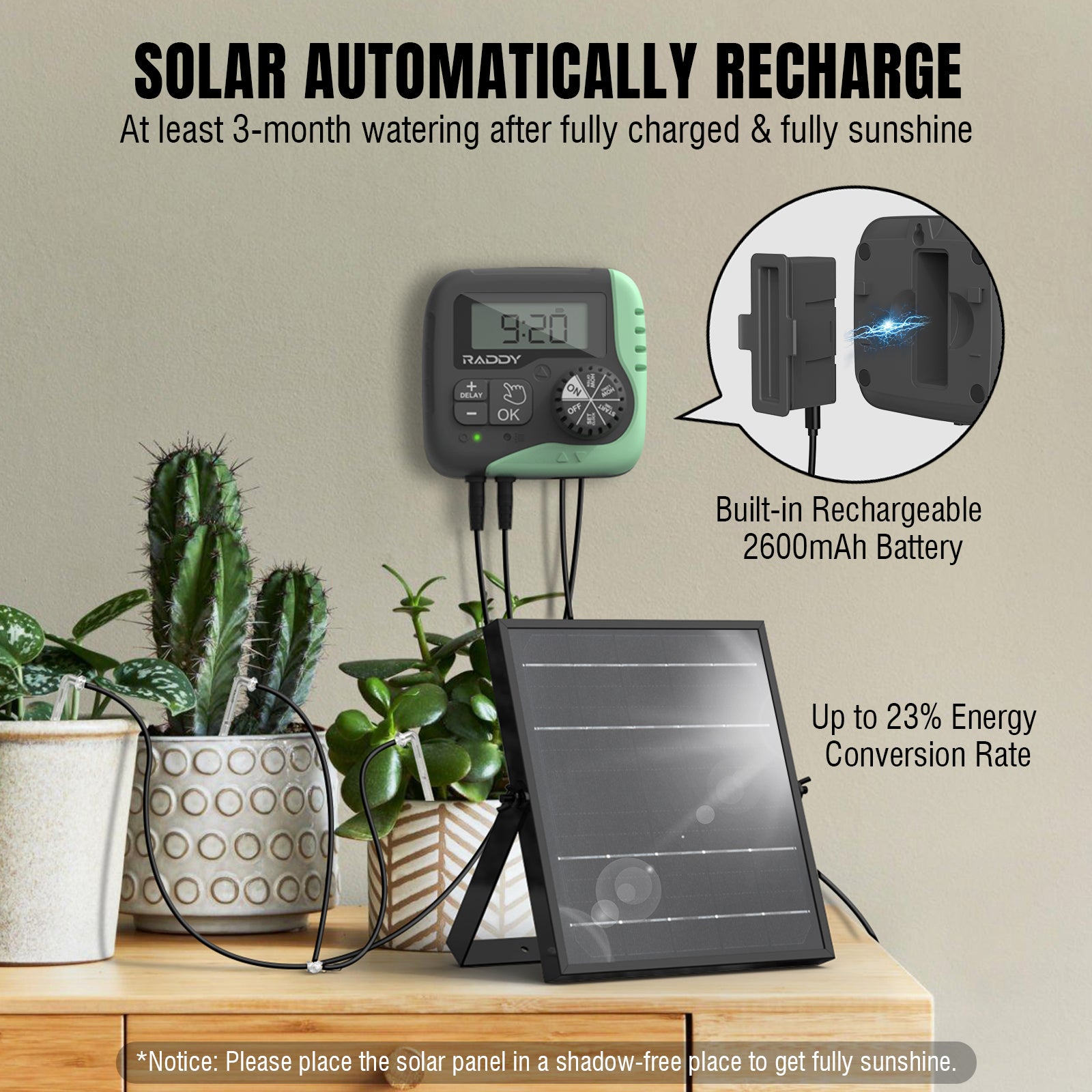 Raddy WS-1 Solar Drip Irrigation Kit | Automatic Plant Watering | Dual Power Supply | Programmable Timer - Radioddity