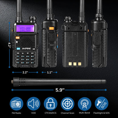 Baofeng GT-5R Pro Ham Radio | 5W | Dual Band  | UHF/VHF/FM/Airband/NOAA Receiver | 128 CH | 1800mAh Battery | Supports CHIRP - Radioddity