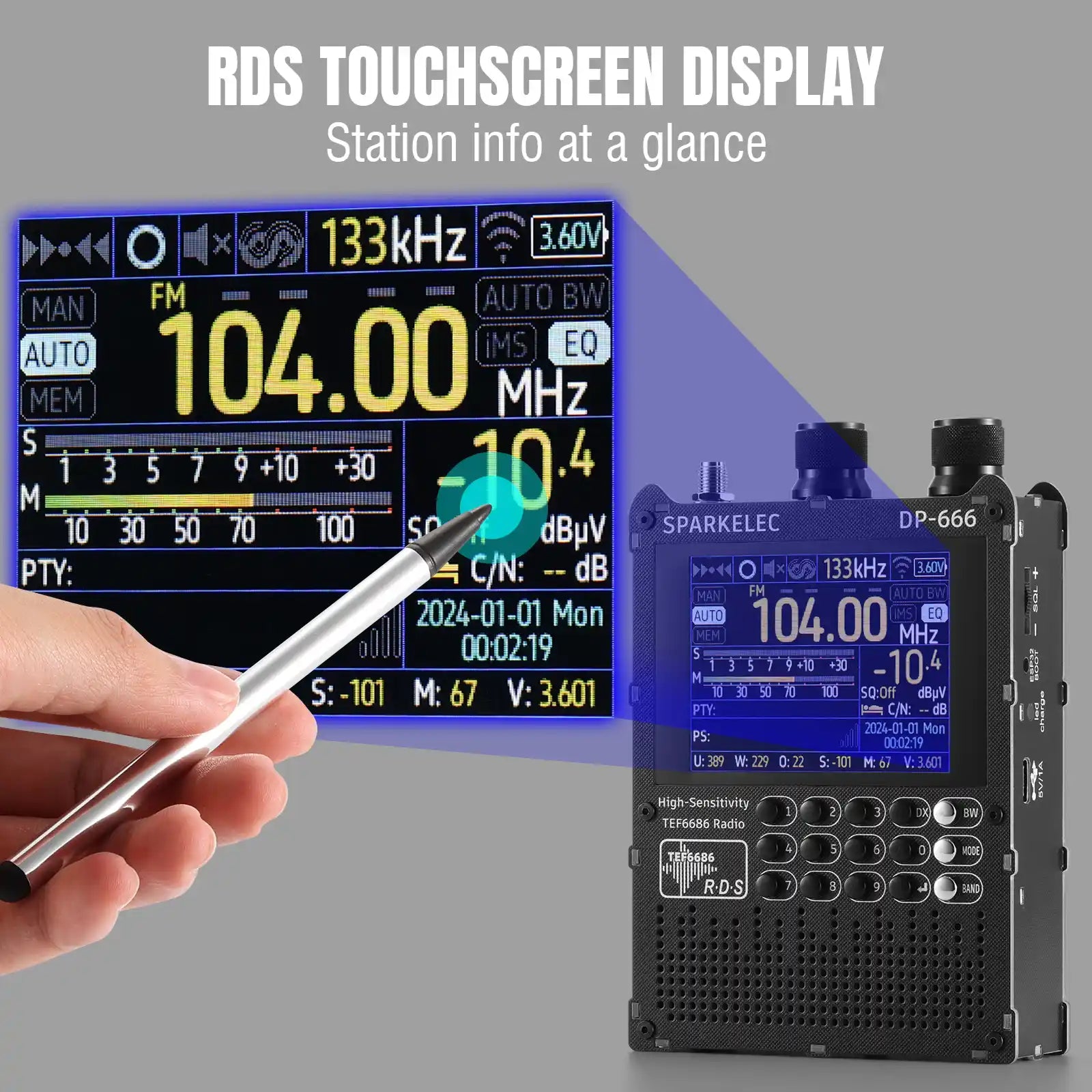 Raddy DP-666 Full Band DSP Radio | TEF6686 Chip | AM/FM /LW/MW/SW RDS Receiver | 2.8" Touchscreen | 5000mAh Battery | Telescopic & Donut Antenna | Firmware Upgradable - Radioddity