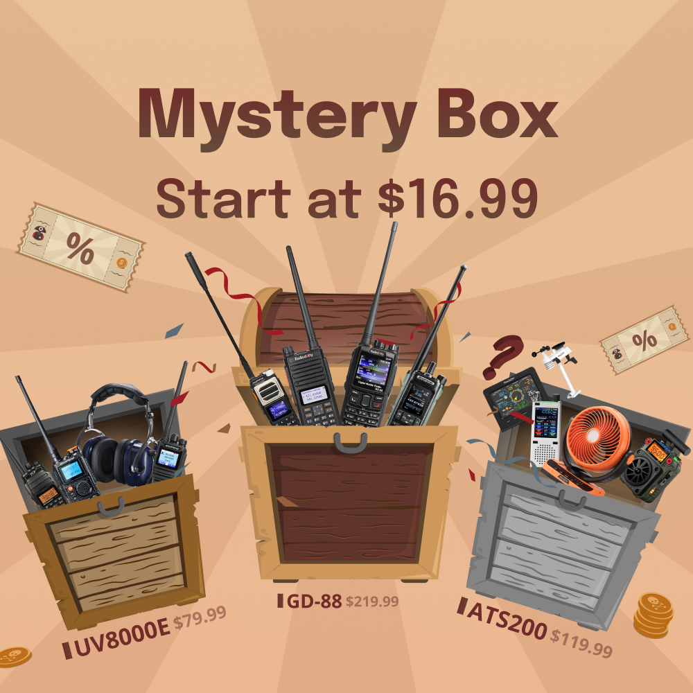 Illustration of a mystery box with electronic devices and pricing on a brown background
