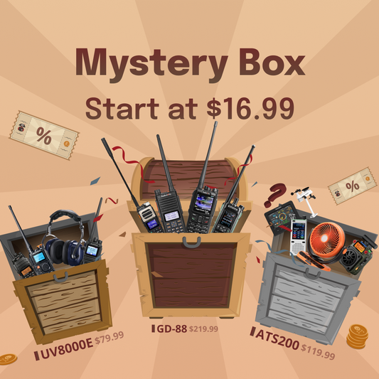 Illustration of a mystery box with electronic devices and pricing on a brown background