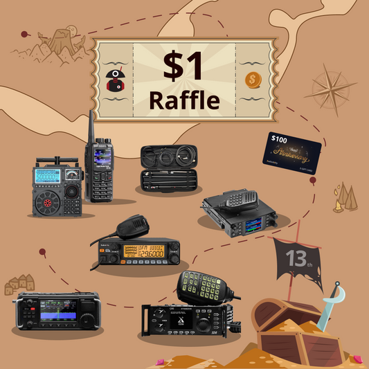 Illustration of radio equipment with a $1 raffle ticket and treasure chest on a map background.