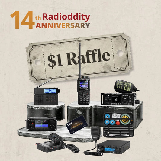 A promotional collage for a '$1 Raffle' featuring multiple black radio communication devices, including walkie-talkies, a transceiver, a handheld microphone, and a charger, arranged on display stands against a textured beige background. Large text at the top reads '14th Radioddity Anniversary' and ' $1 Raffle'.