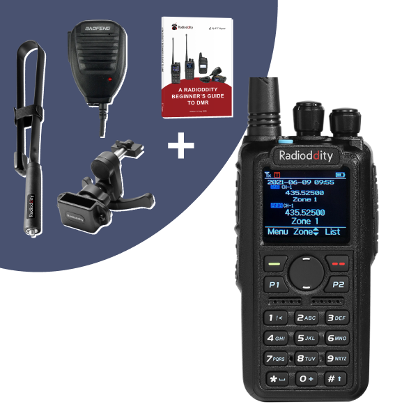 Radioddity walkie-talkie with accessories and a guide on a white background