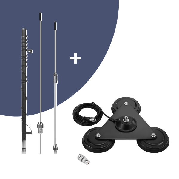 Set of telescopic poles and a mounting bracket on a blue and white background