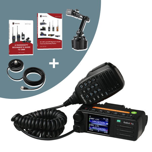 Radioddity radio communication equipment with accessories on a white background