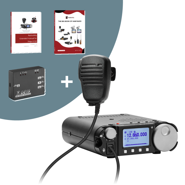 Radio communication equipment with books and a battery pack on a white background