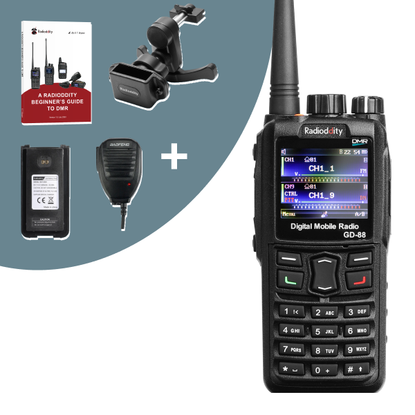 Digital mobile radio with accessories on a white background