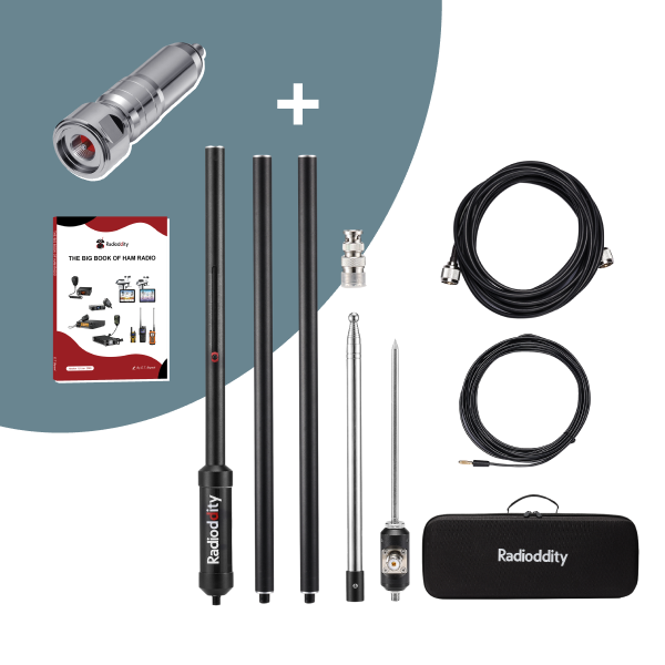 Collection of radio antenna components and accessories with Radioddity branding on a white background.