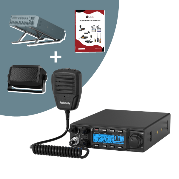 Radioddity GB-5000 radio communication device with microphone, stand, and book on a white background