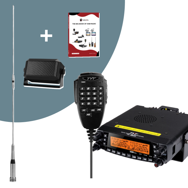 Radio communication equipment set with antennas, microphone, and a book on a white background