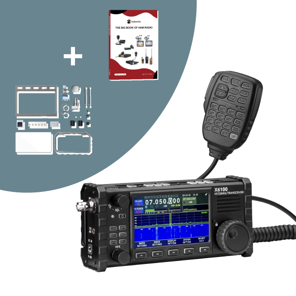Radio transmitter with microphone, schematics, and a book on a white background