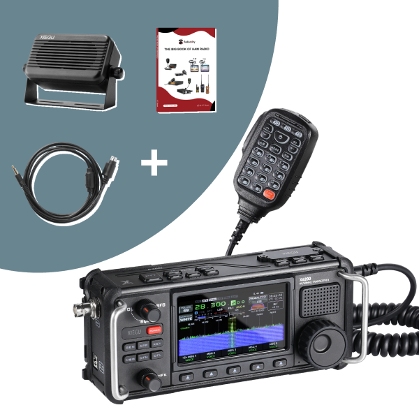 Radio communication equipment set with microphone, speaker, and cable on a white background
