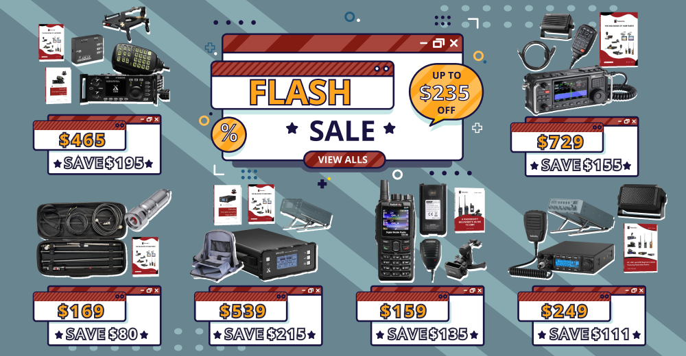Promotional graphic with various electronic devices and flash sale text on a blue background