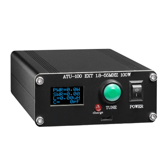 Radioddity ATU-100 Automatic Antenna Tuner with digital display and control buttons on a white background