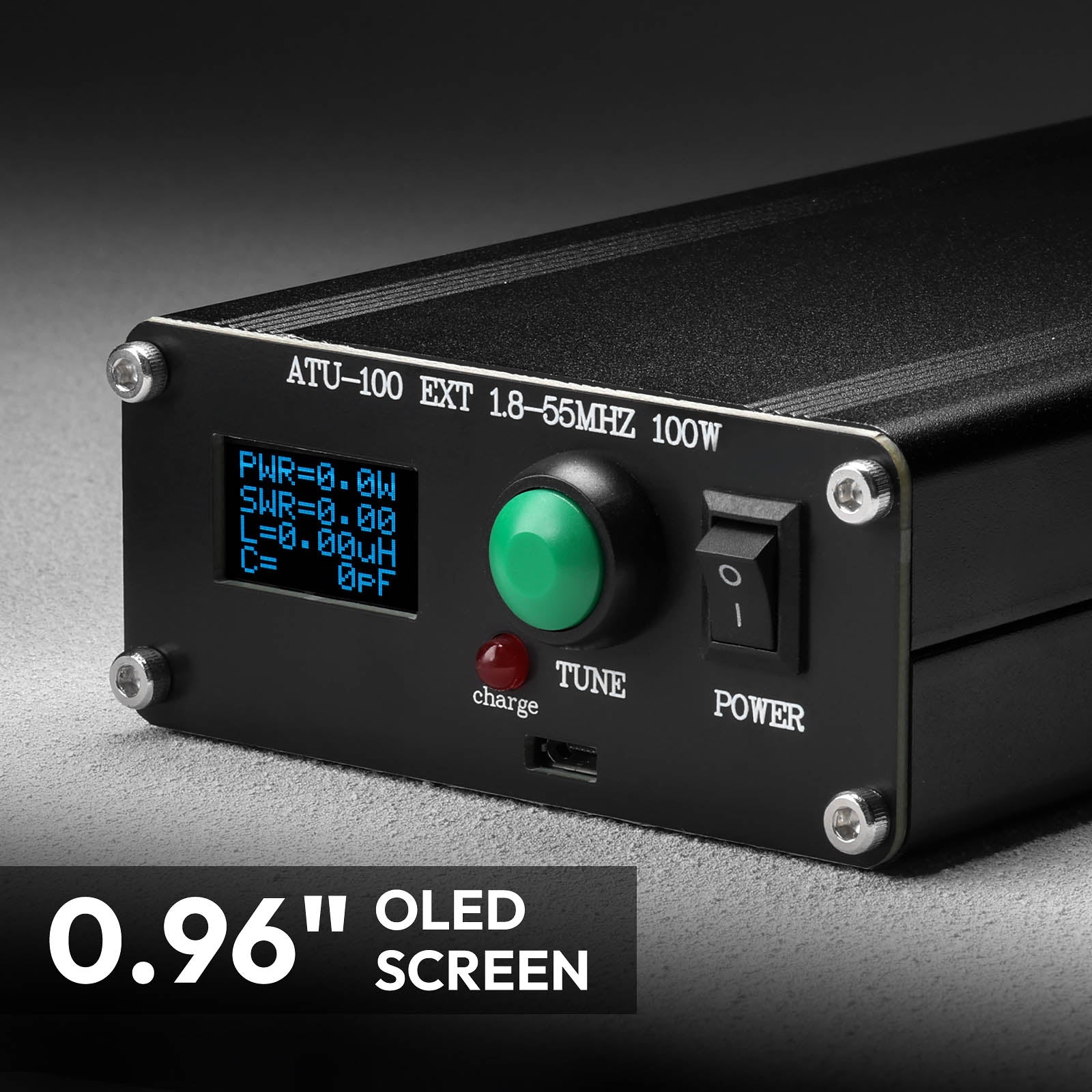 Radioddity ATU-100 Automatic Antenna Tuner with a digital display and buttons on a gray background