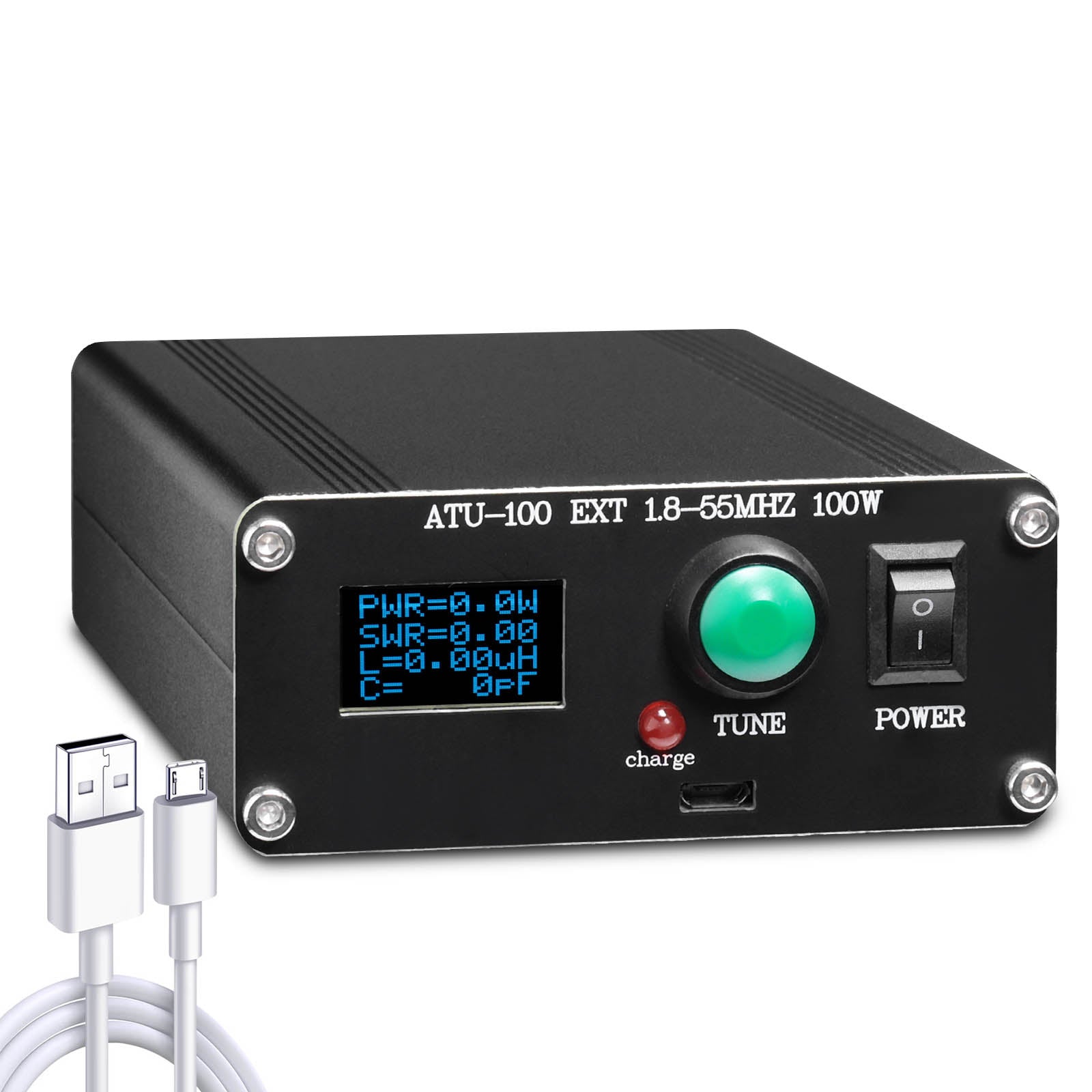 Radioddity ATU-100 Automatic Antenna Tuner with digital display and USB cable on a white background