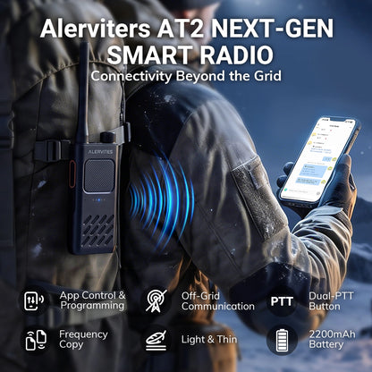 Alervites AT2 Smart UHF Radio | Off-Grid Text & Pic | App Control & Programming | 16mm Ultra-Thin | Dual-PTT | 2200mAh | USB-C Charging - Radioddity