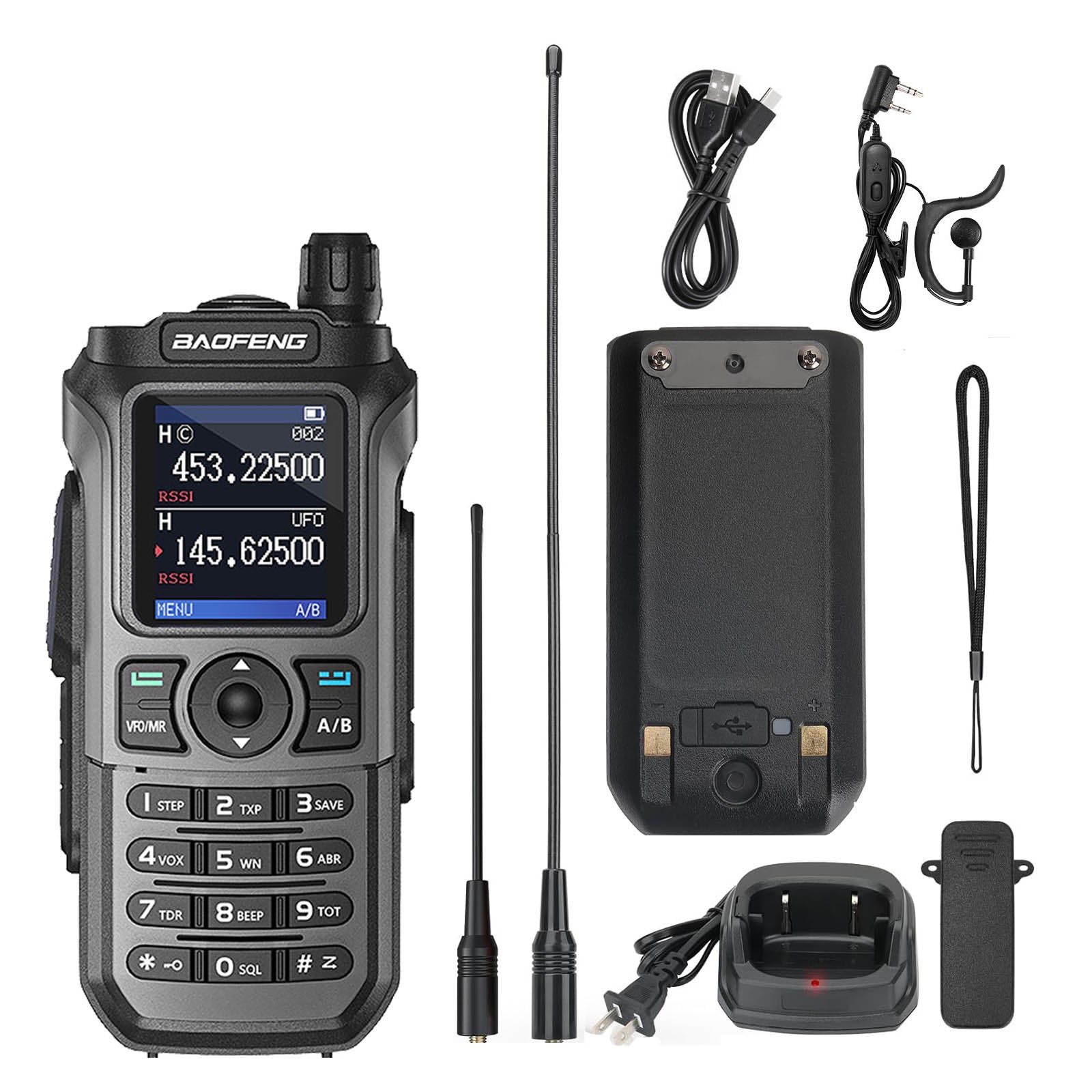 Baofeng UV-21R walkie-talkie set with accessories on a white background
