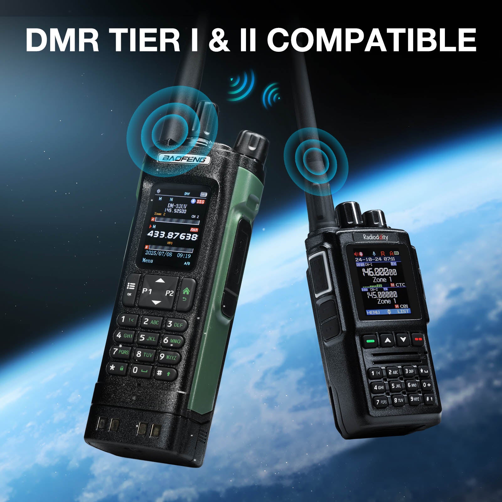 Two walkie-talkies with a space-themed background and 'DMR Tier I & II Compatible' text.