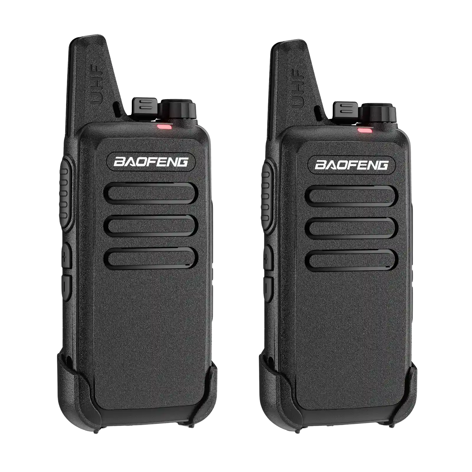 Two T22 black Baofeng walkie-talkies on a white background