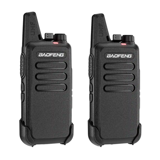 Two T22 black Baofeng walkie-talkies on a white background