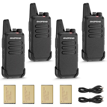 Four black T22 walkie-talkies with accessories on a white background, featuring the BaoFeng brand.
