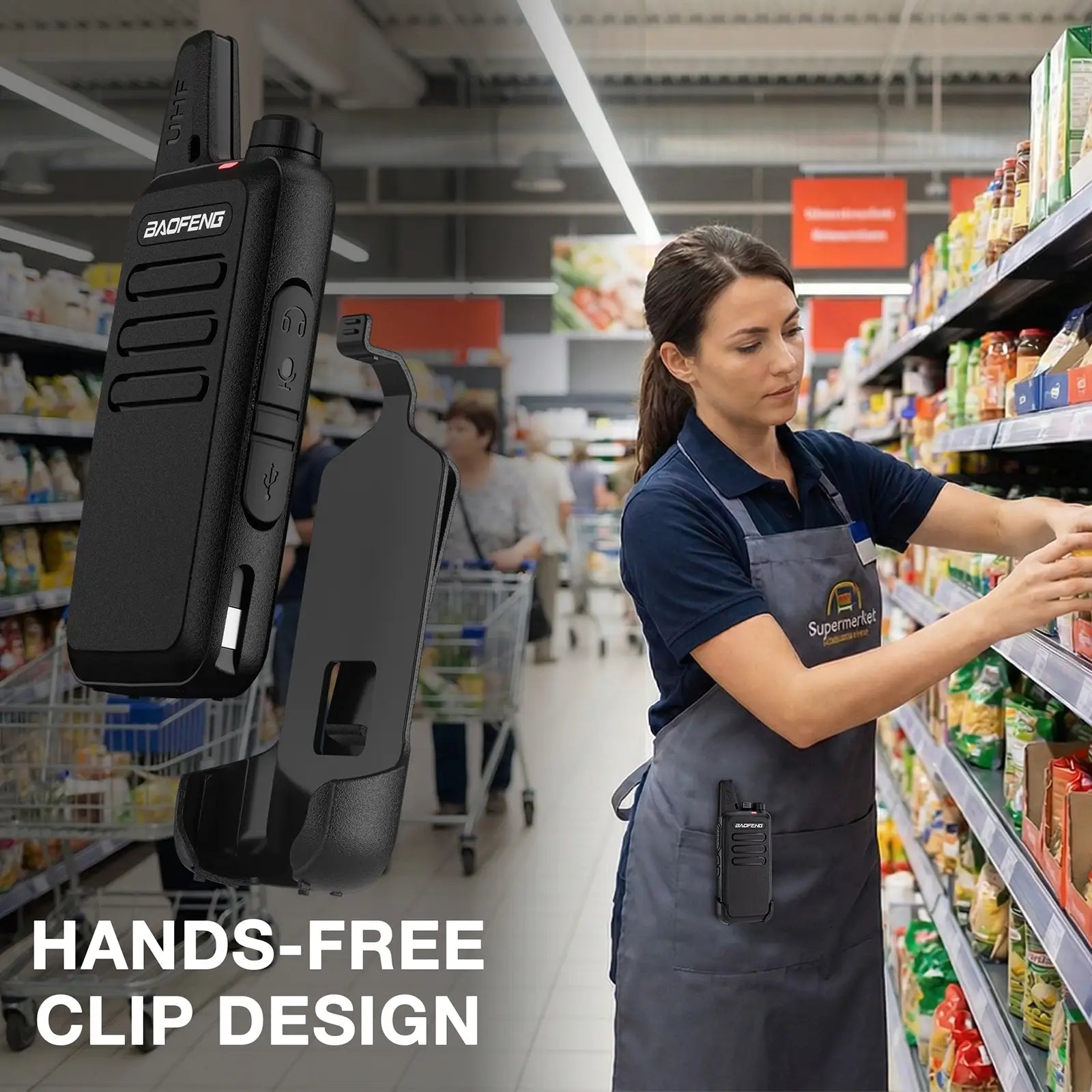 Supermarket employee with walkie-talkie, emphasizing hands-free clip design.