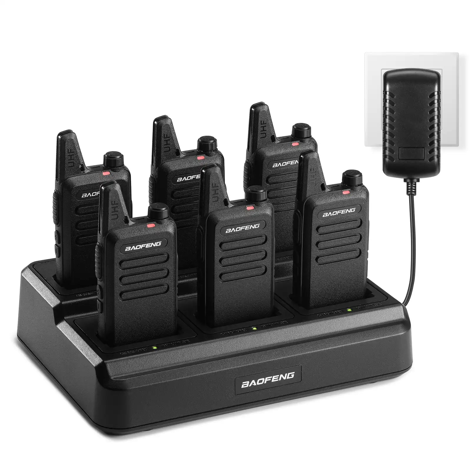 Set of Baofeng T22 walkie-talkies on a charging station with an inset showing a close-up of one of the radios.