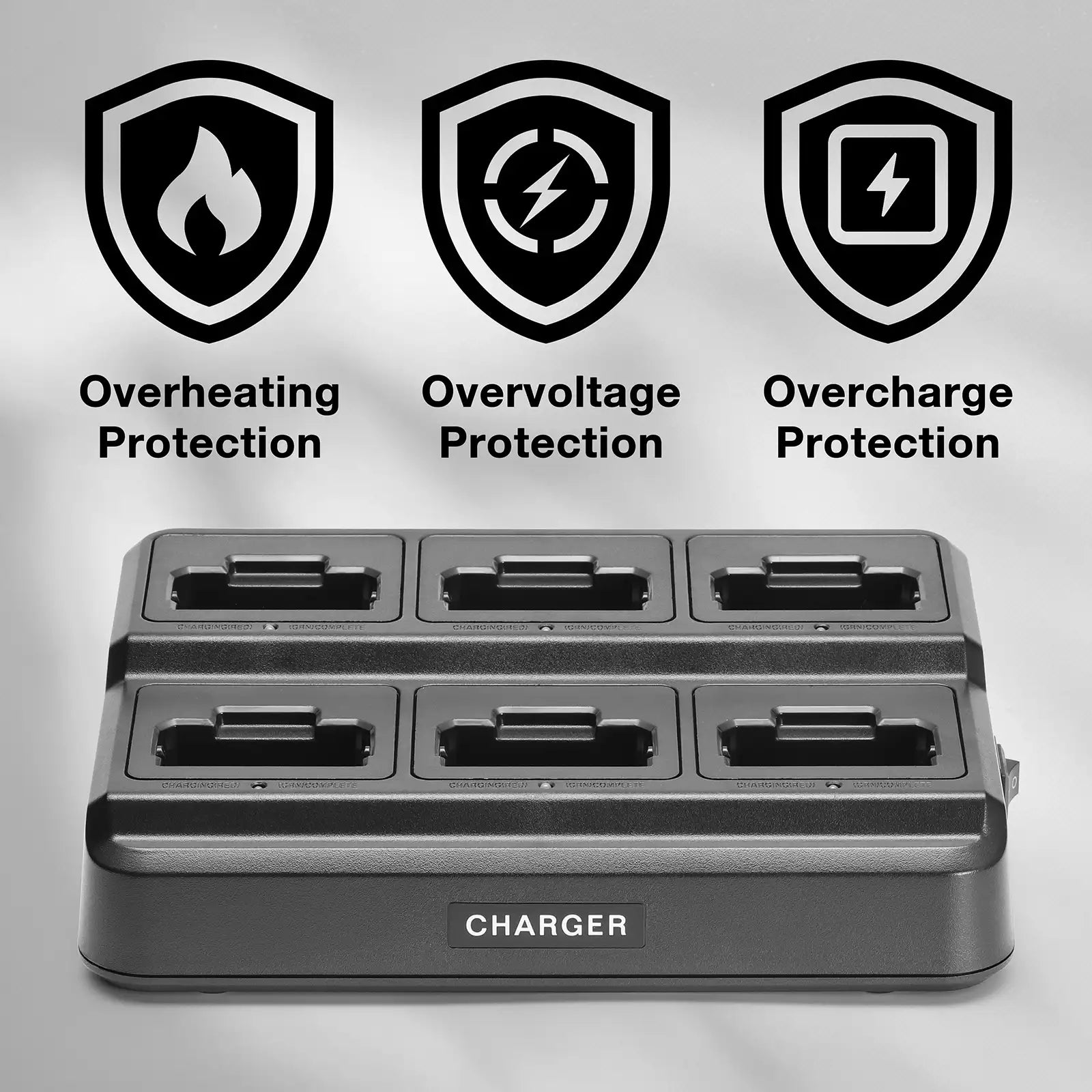 Charger with icons and text indicating overvoltage, overheating, and overcharge protection on a gray background.