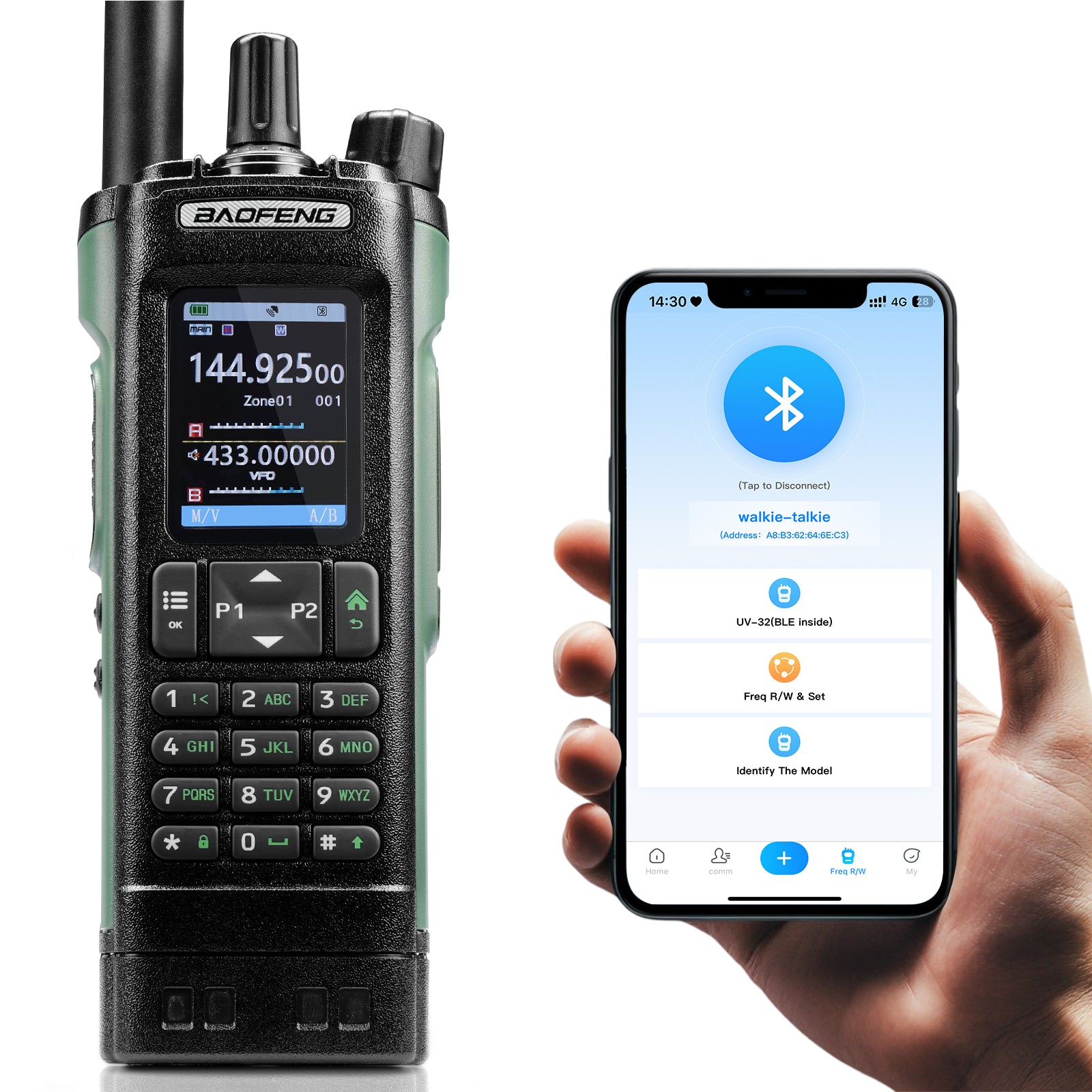 Baofeng UV-32 radio and smartphone showing Bluetooth connection on a white background