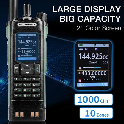Baofeng UV-32 walkie talkie with large display and color screen on a dark background