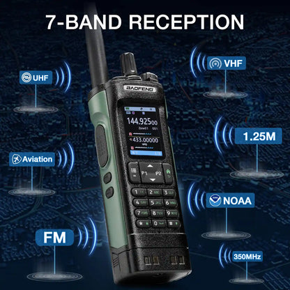 Walkie talkie with 7-band reception display on a dark blue background