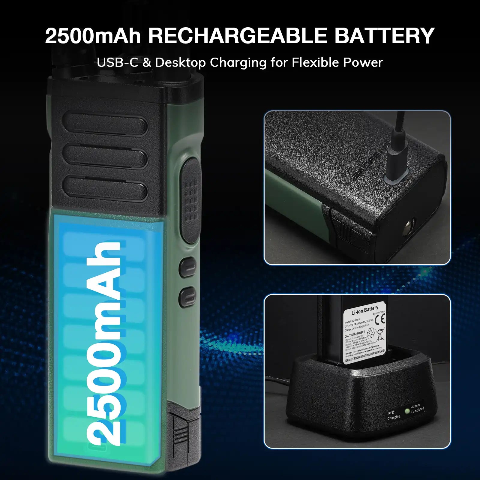 2500mAh rechargeable battery with USB-C and desktop charging features on a dark background.