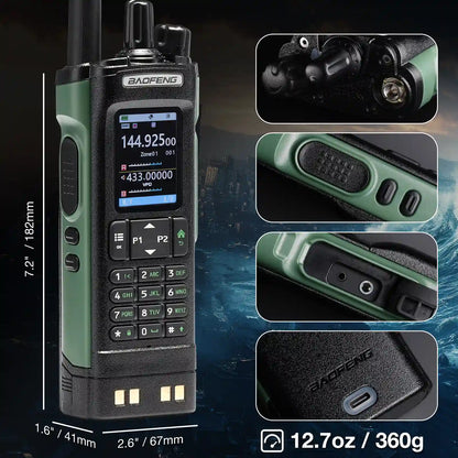 Baofeng UV-32 walkie talkie with close-up details and specifications on a dark background
