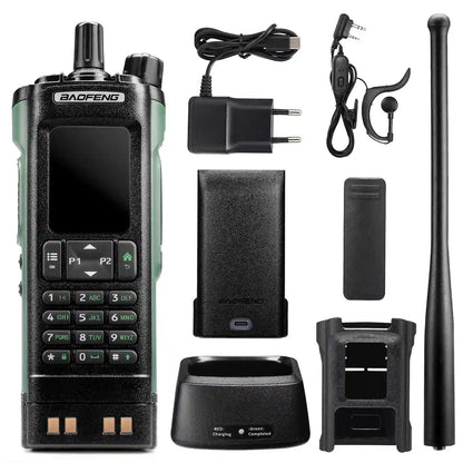 Set of Baofeng UV-32 accessories including battery, charger, and antenna on a white background.