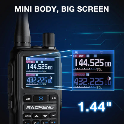 Baofeng walkie talkie with large screen display on a dark blue background