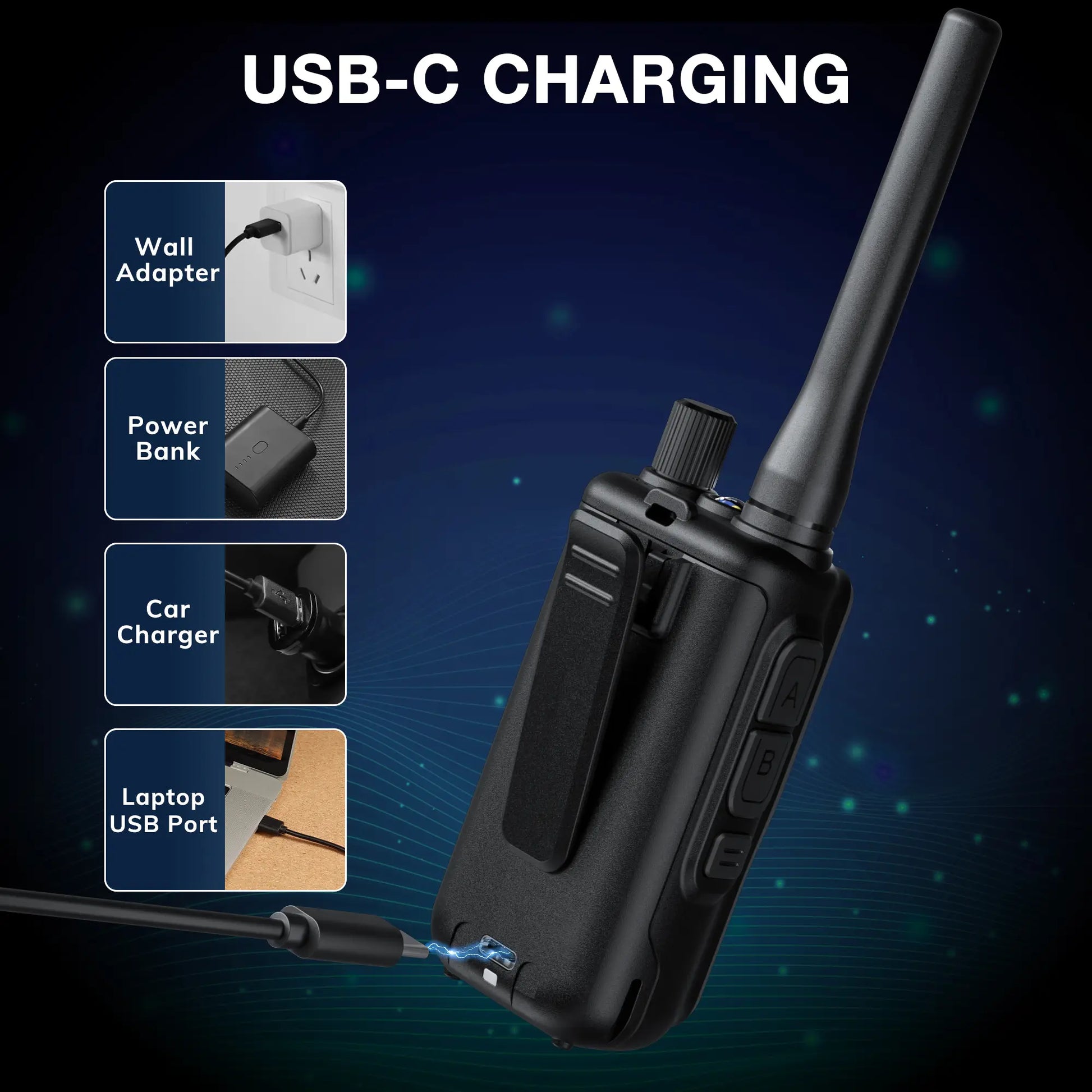Black walkie-talkie with USB-C charging options on a dark blue background