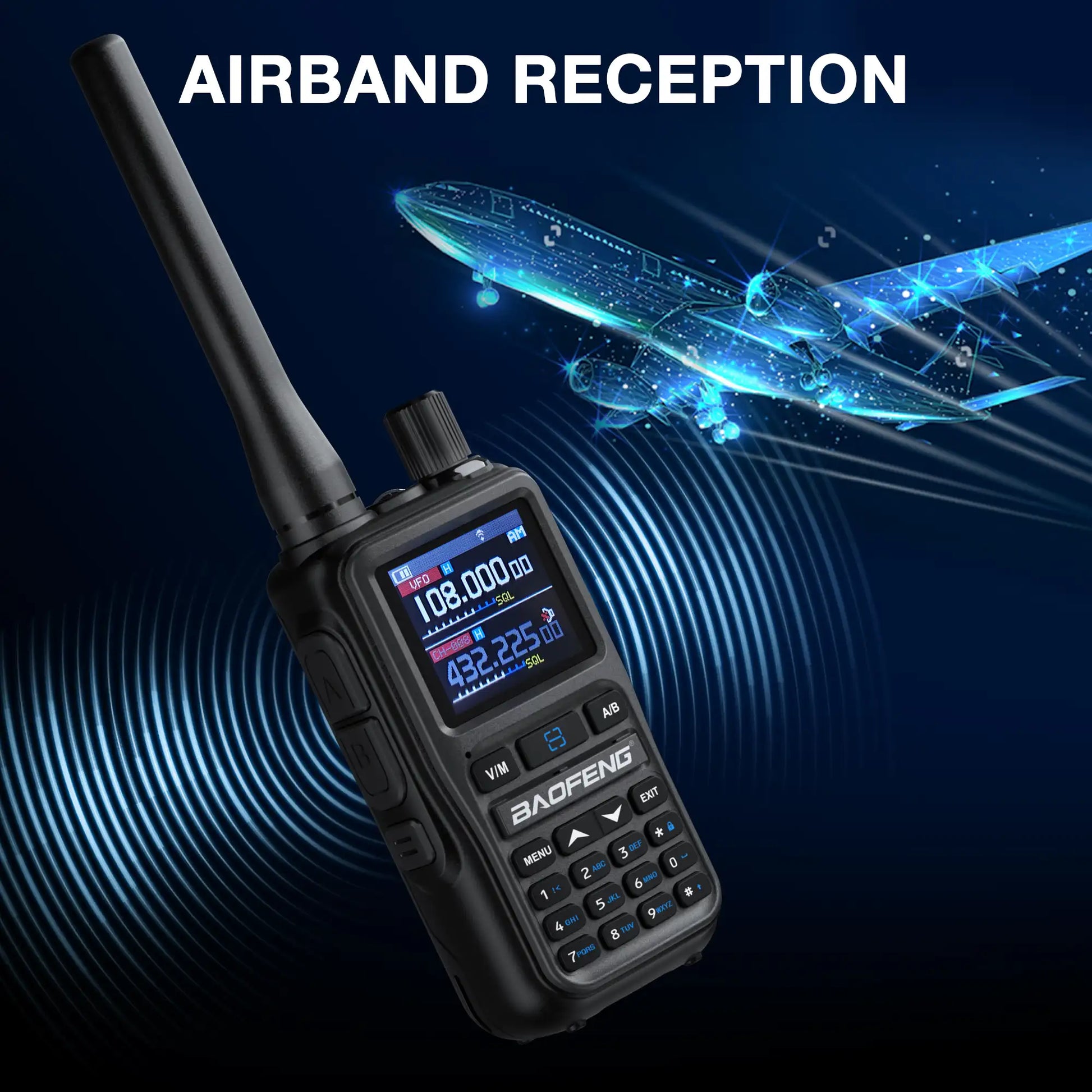Walkie talkie with digital display on a dark background with airplane illustration