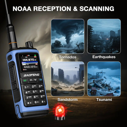 Baofeng radio with NOAA reception and scanning features displayed on a dark background with natural disasters images.