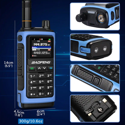 Blue walkie-talkie with detailed specifications on a blue background